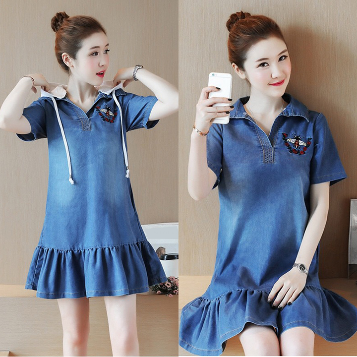 ĐẦM JEAN SUÔNG ĐUÔI CÁ CỔ SƠ MI PHỐI NÓN RỜI - NJ989